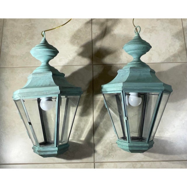 Pair of Vintage Handcrafted Brass Hanging Lanterns For Sale - Image 4 of 12