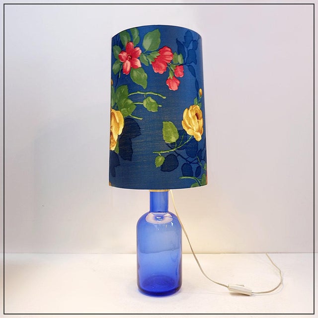 Blue Glass Table Lamp with Original Floral Shade, 1960s For Sale - Image 12 of 12