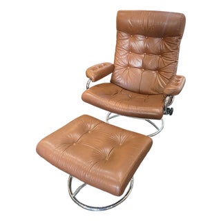 MCM Vintage Ekornes Chair and Ottoman W Great Chrome Base For Sale