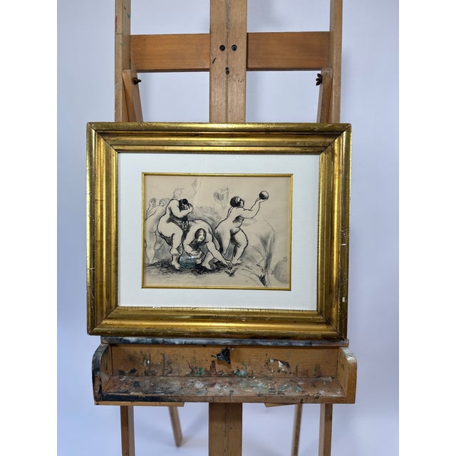 Richard Hohly, Earth Maidens, Ca. 1960, ink and charcoal on paper. Presented in an antique gold gilt frame with mat and...