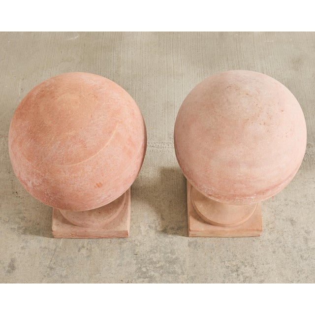 Mid 20th Century Pair of Tuscan Terracotta Garden Sphere Finials on Pedestals For Sale - Image 5 of 18