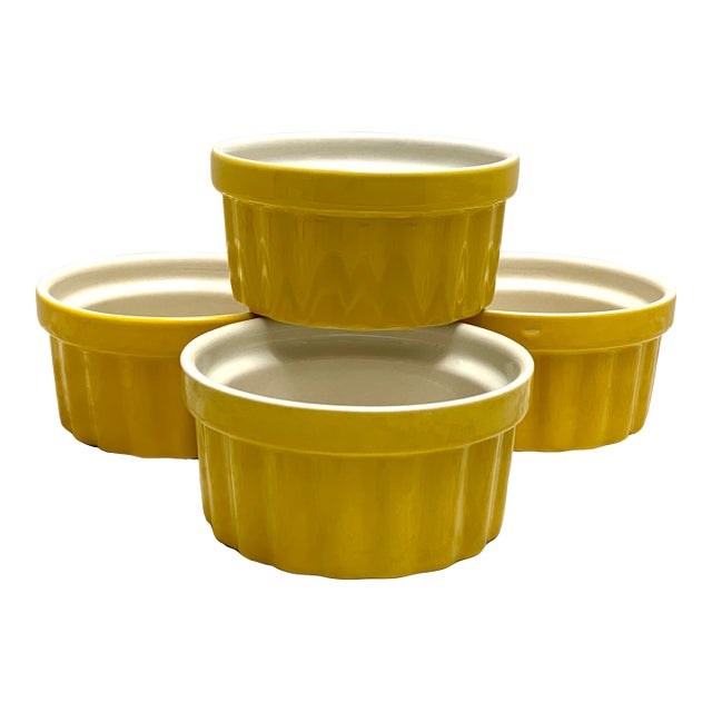 Pottery Ceramic Yellow & White Ribbed Ramekins, Set of Four For Sale
