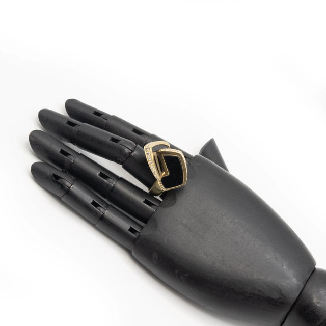 Gold La Triomphe 18k Yellow Gold Diamond Onyx Sculptural Ring C. 1970s, Size 6 For Sale - Image 8 of 10