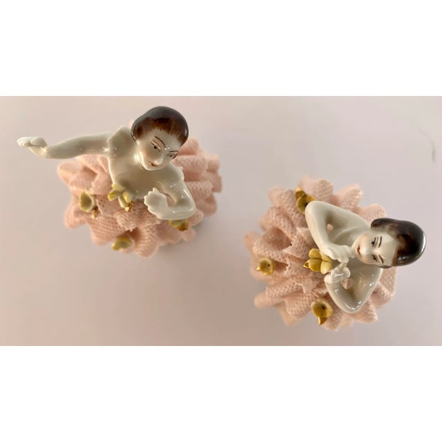 Vintage Dresden Rococo-Style Petite Porcelain Figurines Dancing in Lace Skirts, Mid-1990s by Germany’s Porzellanfabrik Unterweißbach- a Paiir For Sale In San Antonio - Image 6 of 10