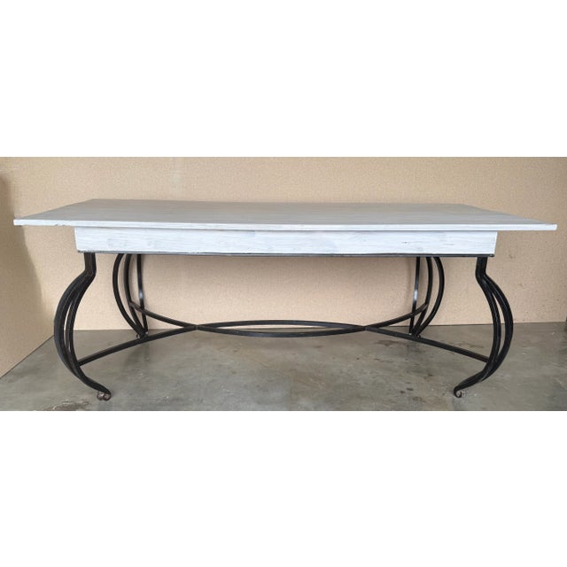 Wood Dining Table with Large White Wood Top and Forged Iron Curved Legs, 1930 For Sale - Image 7 of 11