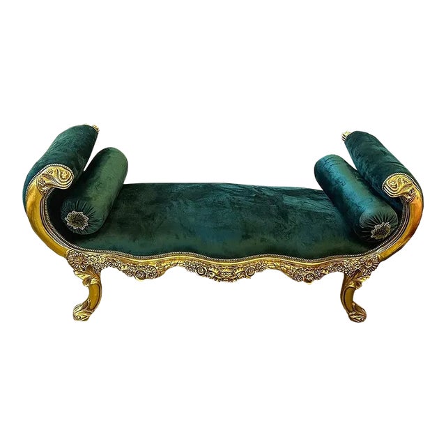 Baroque Style Dark Green Velvet Bench With Gold Details For Sale