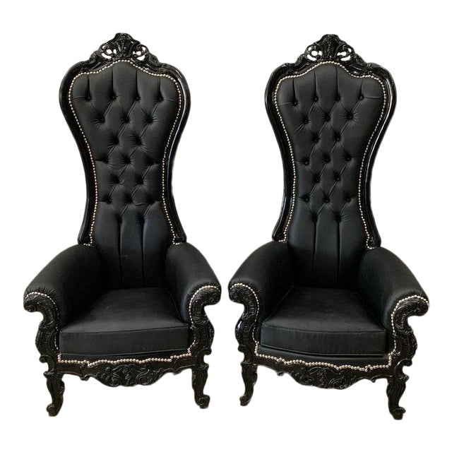 Black Leather Baroque Style Tufted Throne Chairs A Pair Chairish