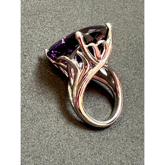Huge 38 Carat Cushion Cut Natural Amethyst Cocktail Ring in Platinum 23.8 Gm For Sale - Image 9 of 18