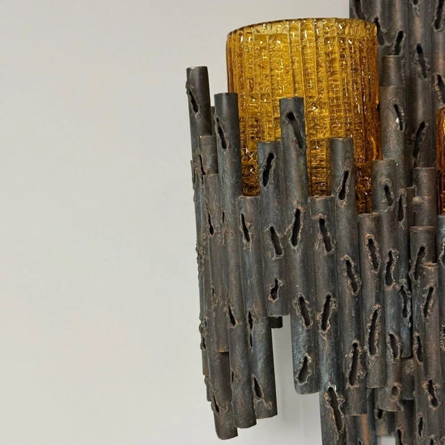 Metal Marcello Fantoni, Brutalist Mid-Century Modern Wall Sconces, Wrought Iron, Glass For Sale - Image 7 of 10