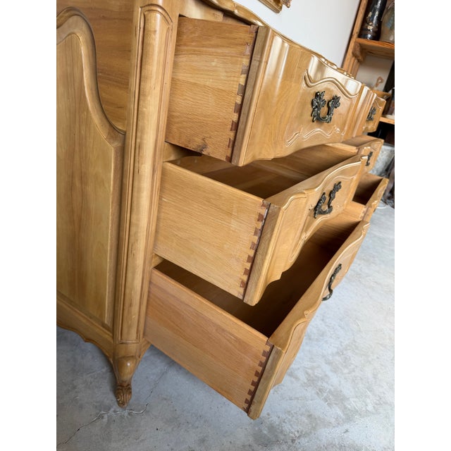 1970s Tall Vintage French Provincial Carved Cherry Wood Three-Drawer Chest – A Pair For Sale - Image 5 of 12