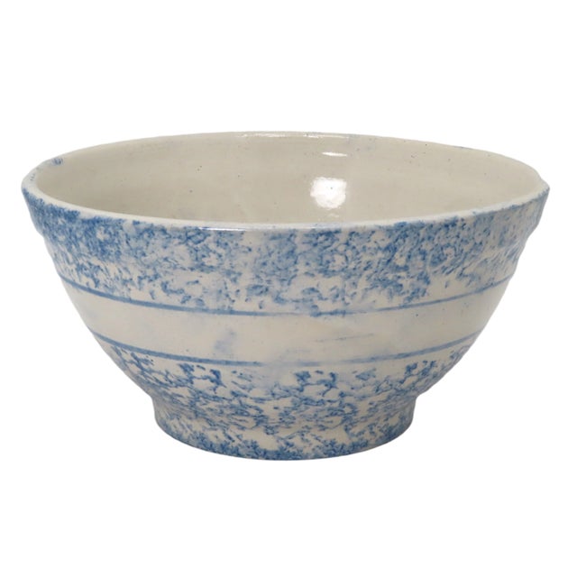 Ceramic Antique American Blue Spongeware Decorated Stoneware 10 Inch Kitchen Mixing Bowl For Sale - Image 7 of 13