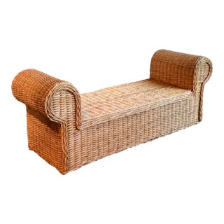 Vintage Boho Woven Rattan Roll Arm Bench For Sale