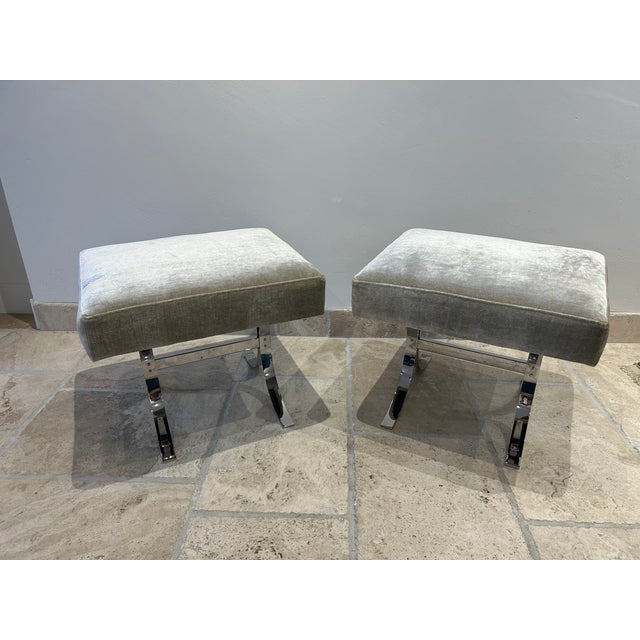 1970s Pair of Accent Stools, Ottomans in Chromed Steel & Velvet For Sale - Image 10 of 14