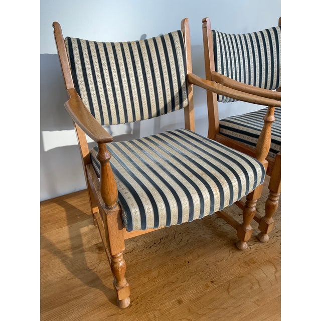 Pair of Mid-Century Scandinavian Modern Beech Lounge Chairs in Striped Upholstery For Sale - Image 13 of 17