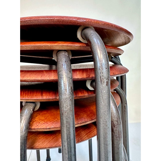 Danish Atelier Stacking Stools in Teak Plywood and Tubular Steel, 1960s, Set of 6 For Sale - Image 12 of 18