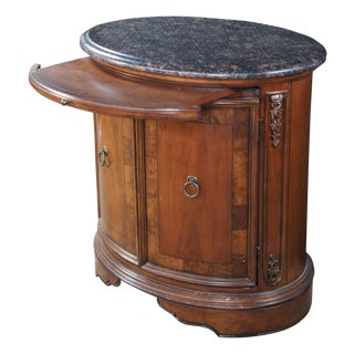 Vintage Oval Cherry Burl Granite Top Drum Tray Table Side End Cabinet For Sale