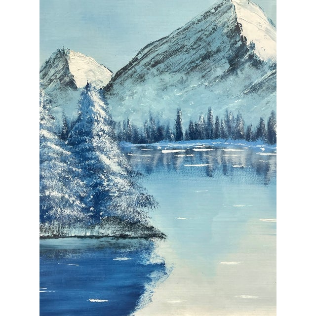 Blue Vintage Framed Snow-Capped Mountain Lake Landscape Painting, Signed, Blue Tonal Scenic Wall Art.. For Sale - Image 8 of 9