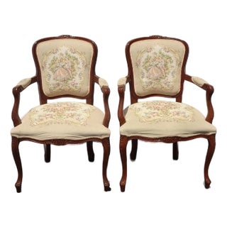 Pair of Vintage French Louis Style Tapestry Arm Chairs For Sale