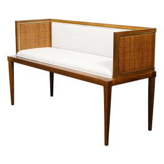 Mid-Century Brass Lined Walnut Settee W/ Cane Detailing & Holly Hunt Upholstery For Sale