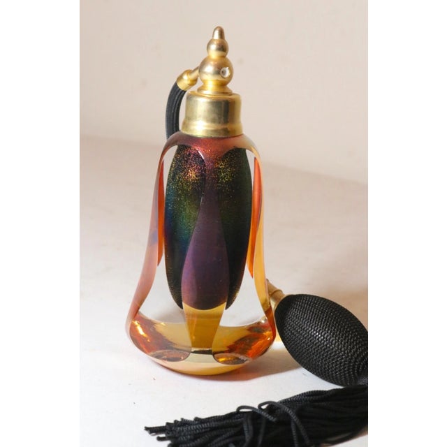 1990s Signed Hand Blown Studio Iridescent Art Glass Brass Perfume Bottle Atomizer Jar For Sale - Image 10 of 11