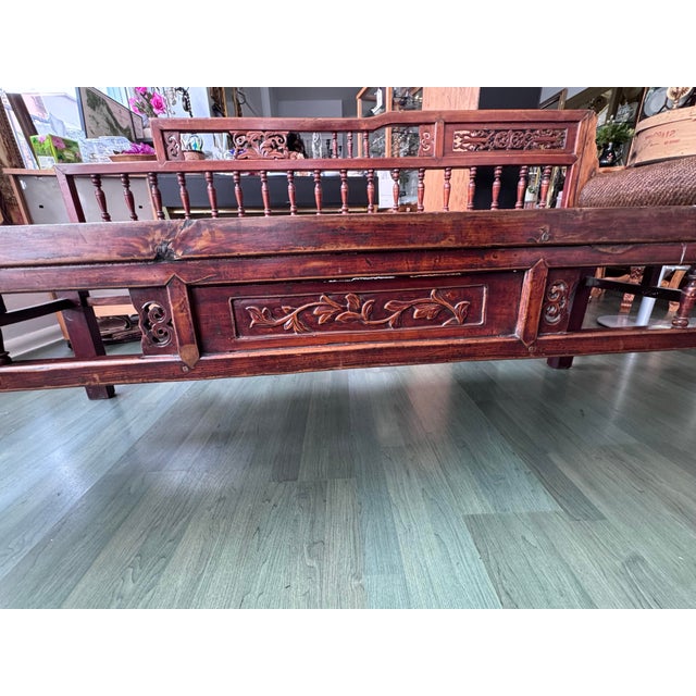 Antique Chinese Elm Daybed With Rattan Seat and Shou Bolster, Late Qing Dynasty For Sale - Image 9 of 12