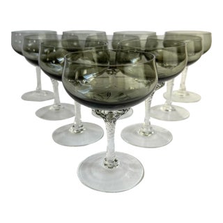 Mid Century 1950s Sasaki Coronation Champagne Coupes Gray Smoke Art Glass Cocktail Glasses Set of 10 For Sale