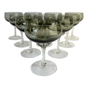 Mid Century 1950s Sasaki Coronation Champagne Coupes Gray Smoke Art Glass Cocktail Glasses Set of 10