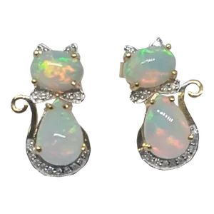 Ethiopian Opal Diamond 14k Solid Gold Kitty Cat Bow Stud Earrings - Pair