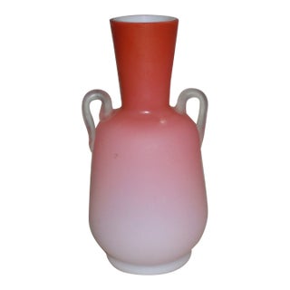 Vintage Peach Blow Pink Satin Cased Glass Hand Blown Two Handle Vase For Sale