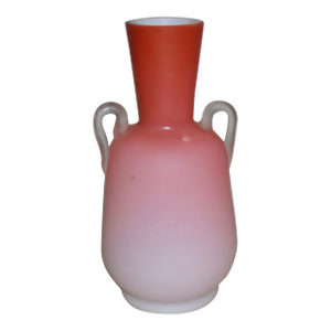 Vintage Peach Blow Pink Satin Cased Glass Hand Blown Two Handle Vase