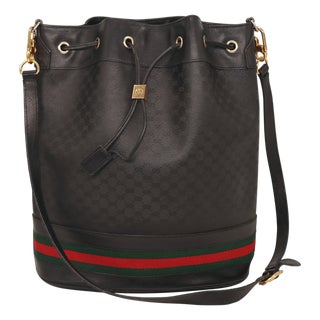 Gucci Black Leather and Canvas Micro Guccissima Drawstring Sherry Line Bag, 1980 For Sale