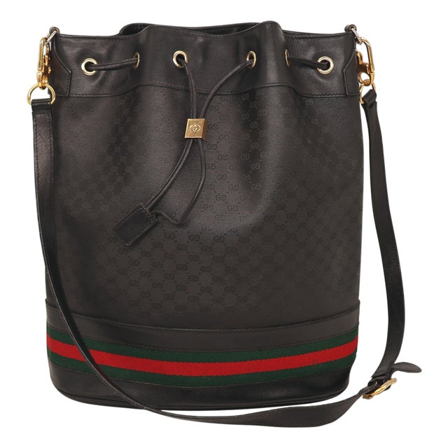 Gucci Black Leather and Canvas Micro Guccissima Drawstring Sherry Line Bag, 1980 For Sale