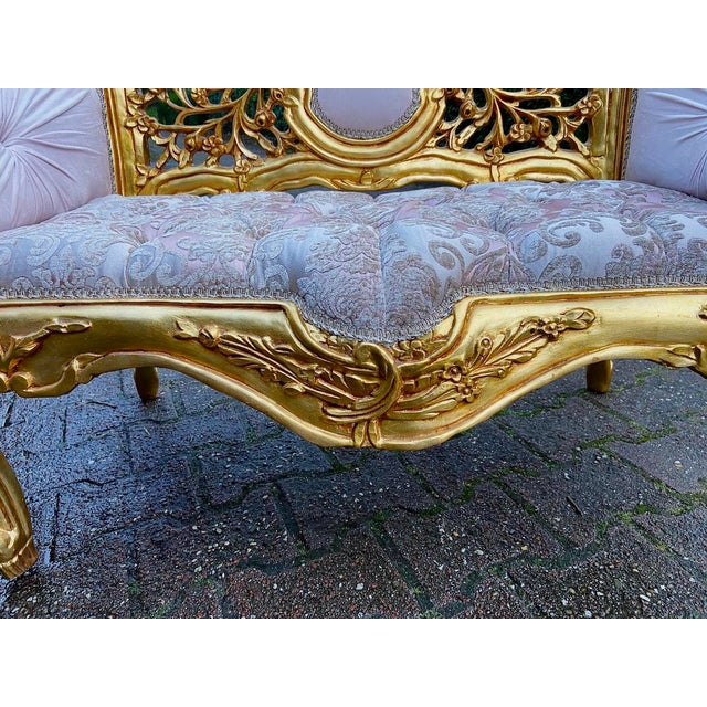 French 1980 French Louis XVI Gilded Beech Settee Pink Damask For Sale - Image 3 of 18