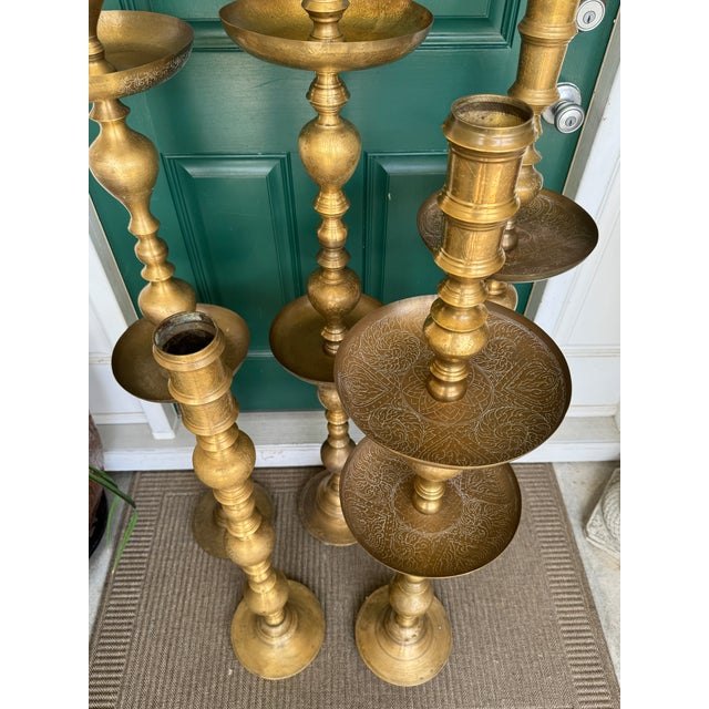 Vintage 1960s Moroccan Etched Brass Pillar Altar Floor Candle Stands = 5 Altars (35 Pieces) For Sale - Image 12 of 15