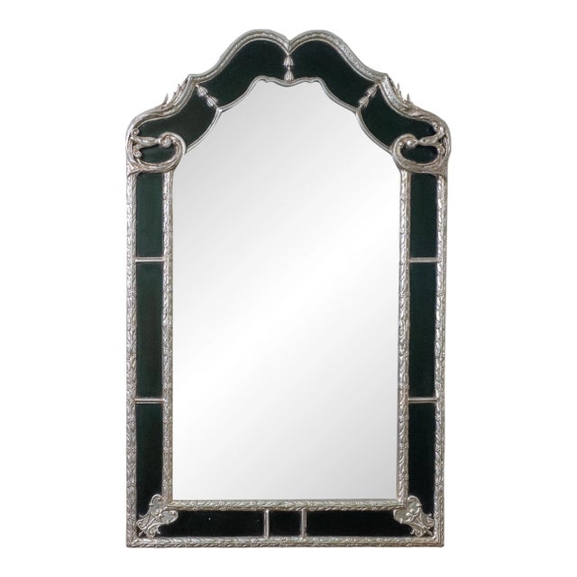 French Style Beveled Wall Mirror With Ornate Silver Leaf Frame For Sale