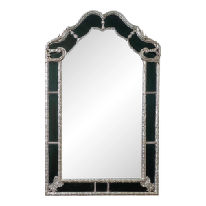 French Style Beveled Wall Mirror With Ornate Silver Leaf Frame