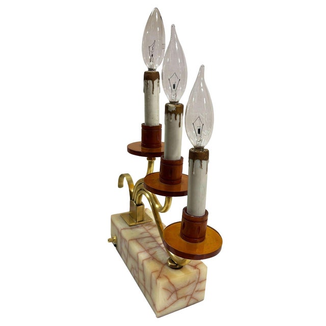 1930s Hollywood Regency Three Candle Bakelite & Brass Table Lamp - a Pair For Sale - Image 4 of 7