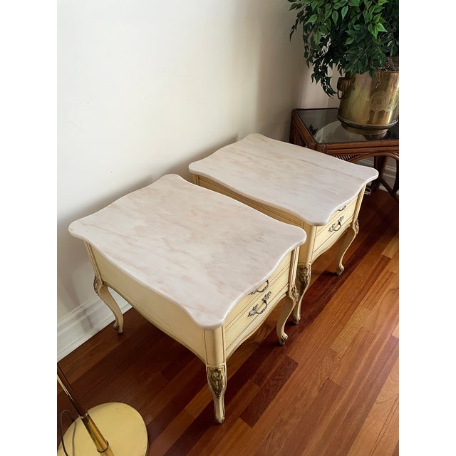 Pair of Vintage Country French Marble Top Nightstands For Sale - Image 4 of 11