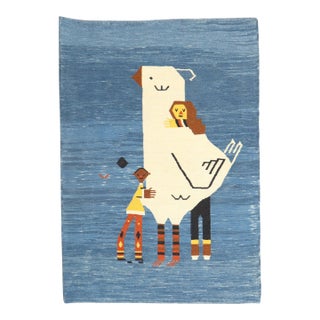 Late 20th Century Sad Pigeon Pictorial Persian Kilim Wall Hanging - 3'2" x 4'4" For Sale