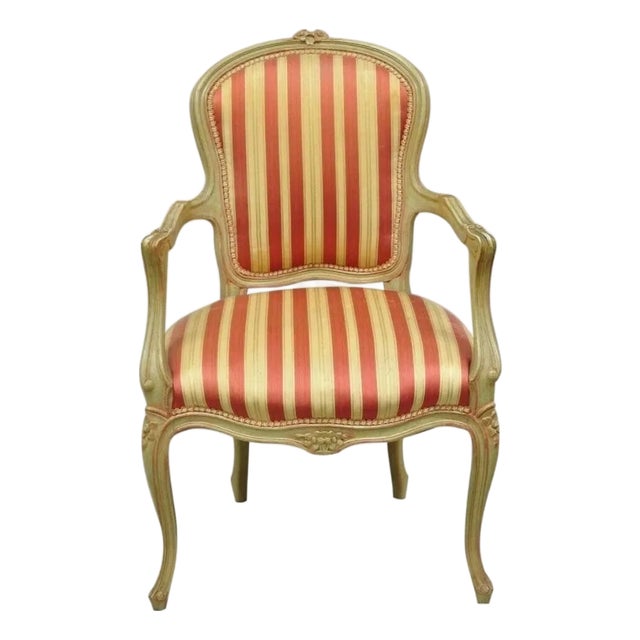 Vintage French Louis XV Style Green & Pink Painted Arm Chair W/ Striped Fabric For Sale