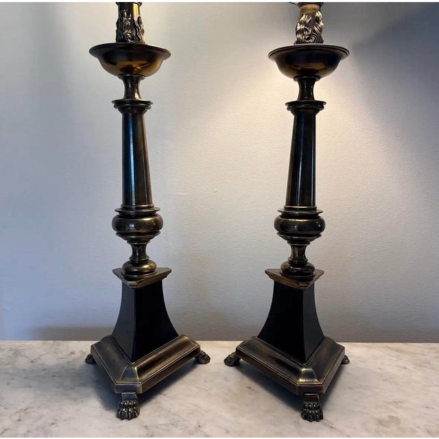 Stiffel Vintage 1960s Stiffel Neoclassical Style Bronze and Black Enamel Table Lamps - A Pair For Sale - Image 4 of 13