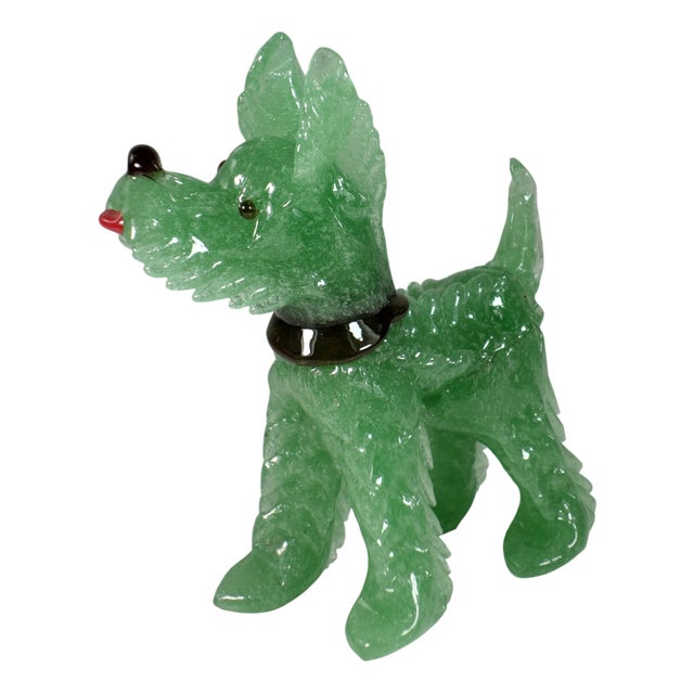 Art Deco Italian Pulegoso Green Murano Glass Terrier Dog Animal, 1930s For Sale