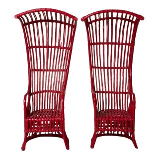 1970s Pair of Red Rattan Chinoiserie Canopy Sun Chairs For Sale