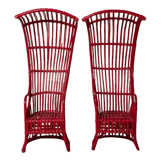 1970s Pair of Red Rattan Chinoiserie Canopy Sun Chairs For Sale