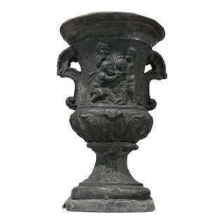 English 19th Century Lead Urn Planter With Acanthus Leaf and Putti For Sale