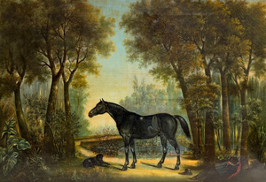Black Horse and Dog in British Countryside Landscape Oil Painting, Large Scale, 19th Century