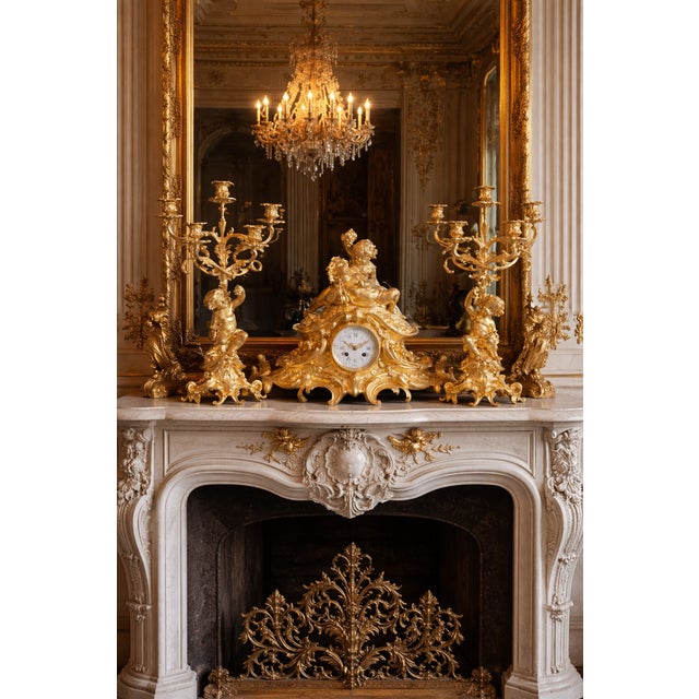 1860 French Louis XV Gilt Ormolu Clock Set – 3 Pieces For Sale - Image 16 of 17