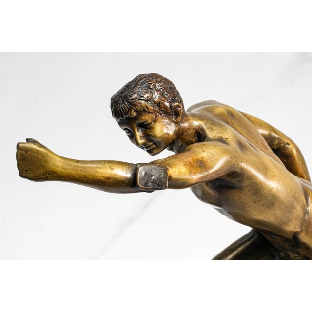 Mid-Century Modern Commanding Vintage Borghese Gladiator Statue Cast Metal Sculpture Statue Marble Base Mid Century Modern Grand Tour Neoclassical For Sale - Image 3 of 15