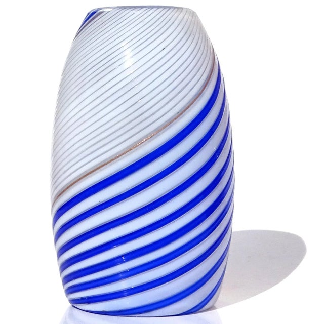 Aureliano Toso Vintage Murano Dino Martens 1950s Blue White Aventurine Swirl Italian Art Glass Flower Bud Vase For Sale - Image 4 of 6