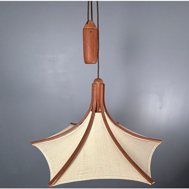 Wood Teak and Linen Umbrella Pendant Lamp attributed to Domus, 1970s For Sale - Image 7 of 15
